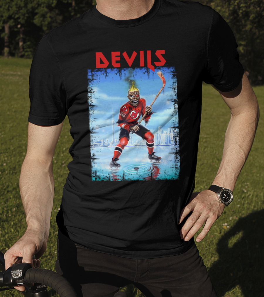 New Jersey Devils Hockey Fiery Demon Skater 666 City Skyline T-Shirt