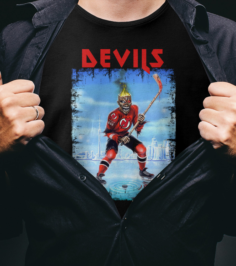New Jersey Devils Hockey Fiery Demon Skater 666 City Skyline T-Shirt