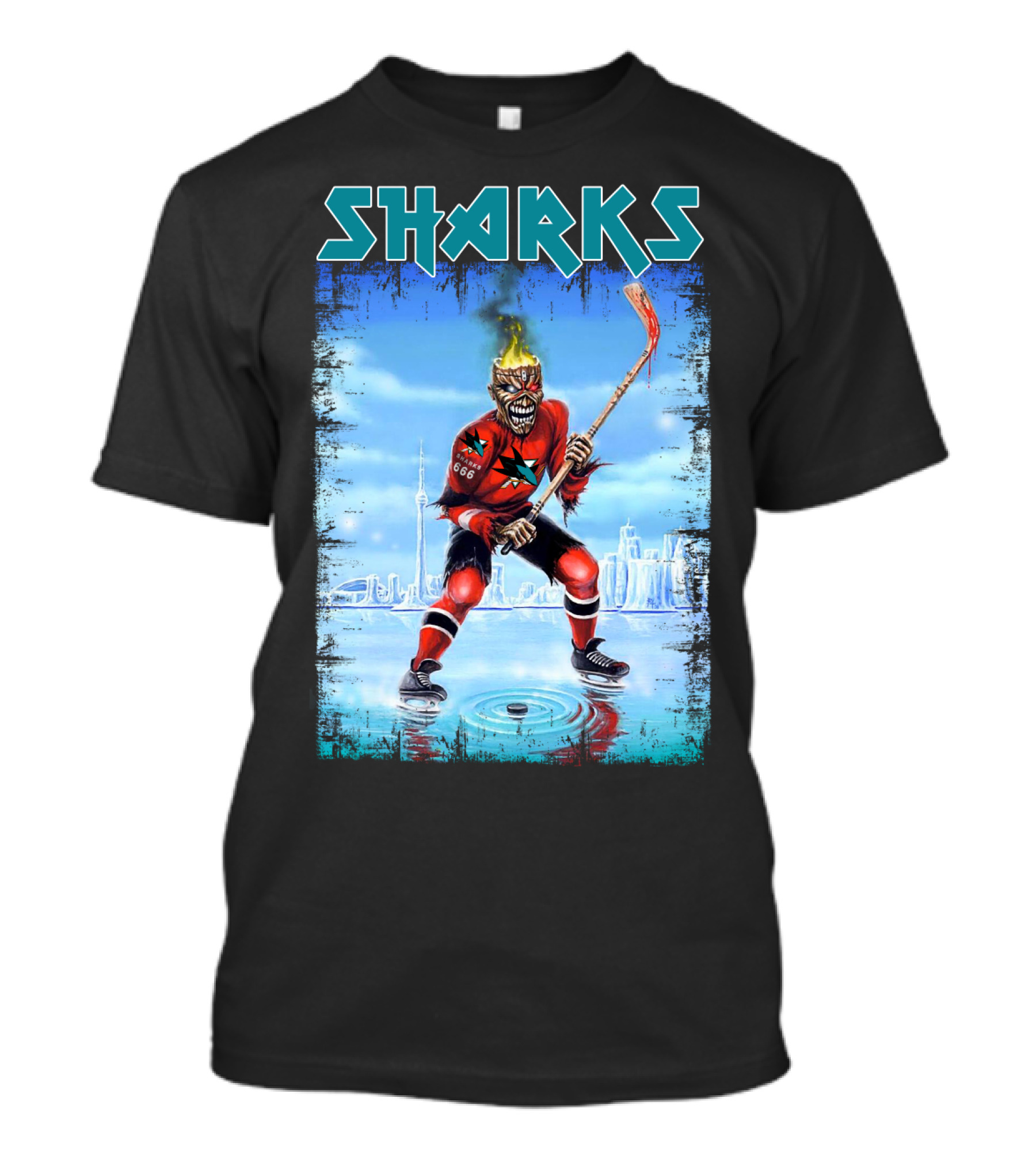 Sharks Hockey Fiery Skeleton Player On Ice T-Shirt