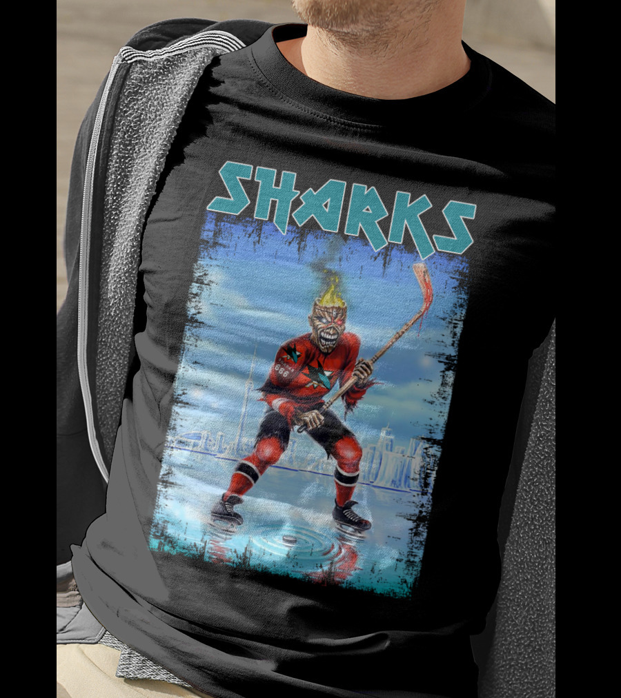 Sharks Hockey Fiery Skeleton Player On Ice T-Shirt