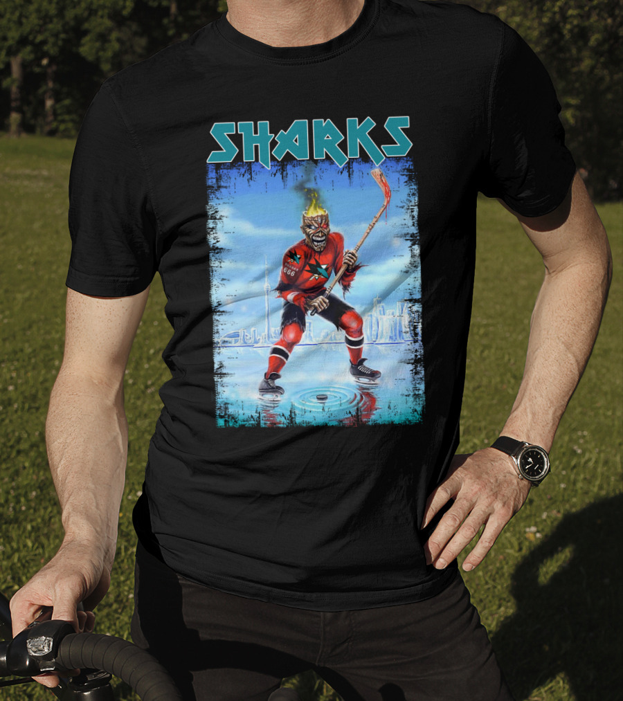 Sharks Hockey Fiery Skeleton Player On Ice T-Shirt