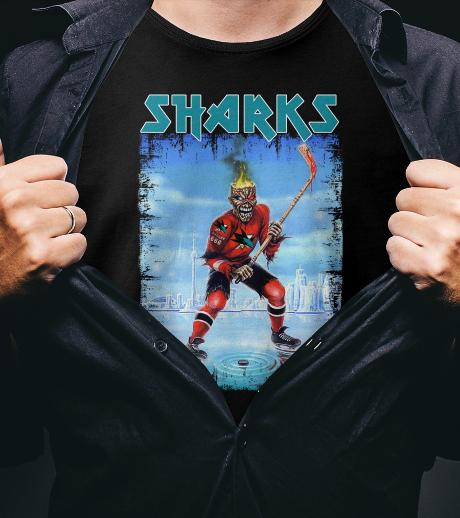 Sharks Hockey Fiery Skeleton Player On Ice T-Shirt