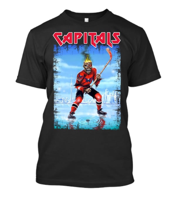 Capitals Hockey Player With Fiery Head And Hockey Stick On Ice With Cityscape T-Shirt