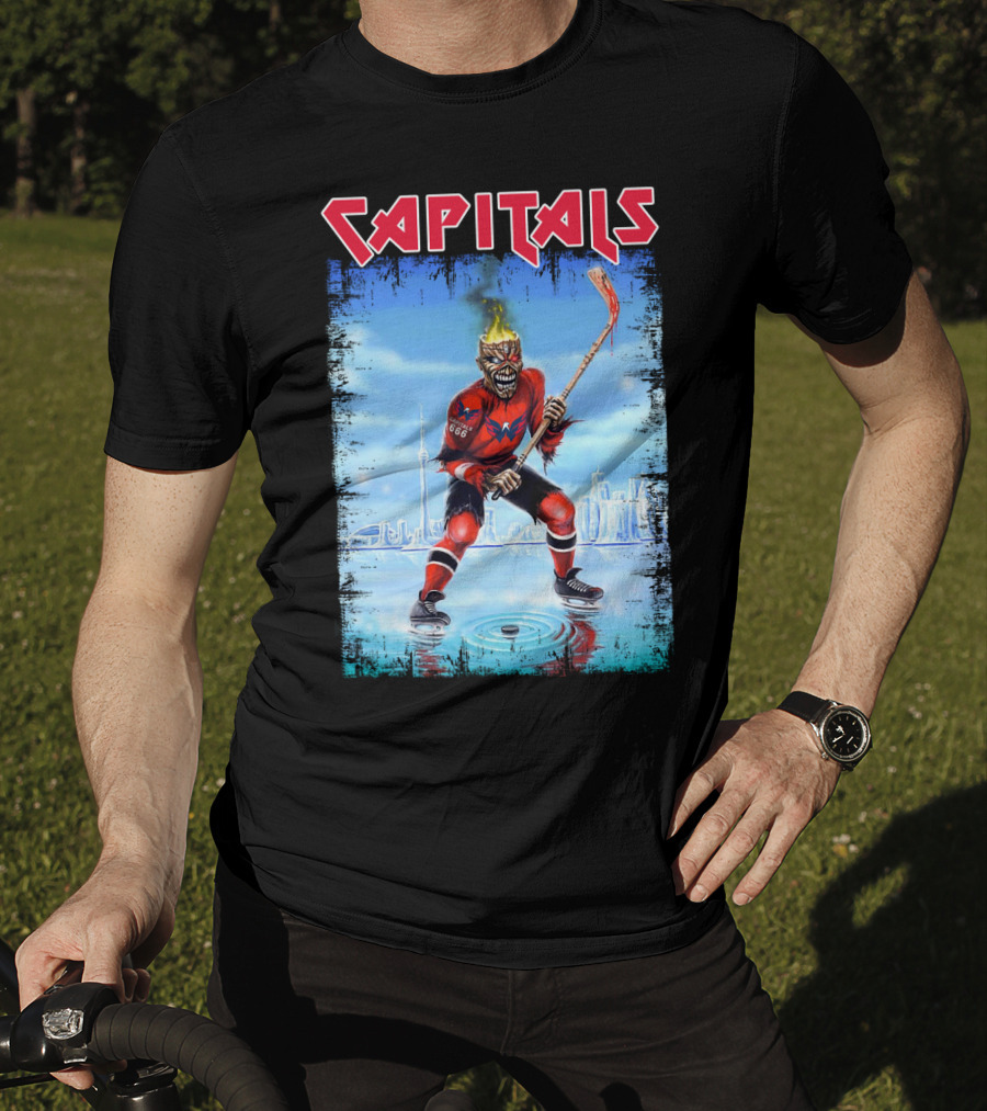Capitals Hockey Player With Fiery Head And Hockey Stick On Ice With Cityscape T-Shirt