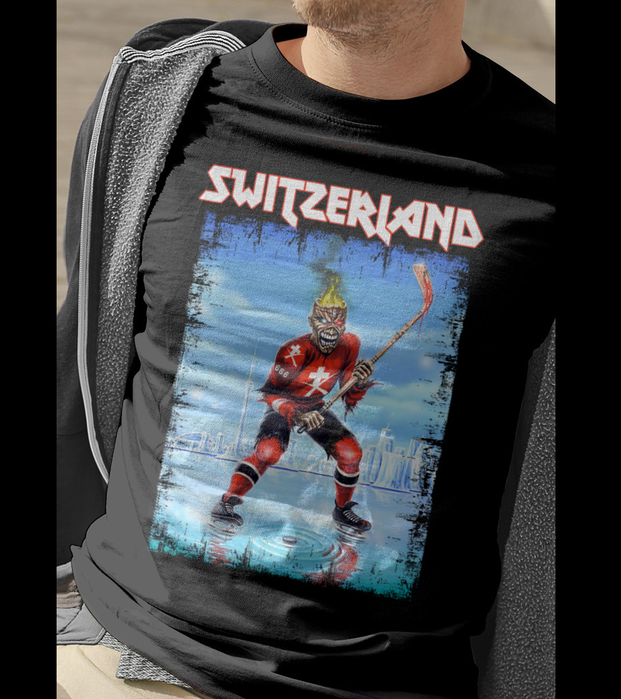 Switzerland Ice Hockey Skeleton With Flaming Head And Hockey Stick 666 Red Uniform Urban Ice Rink T-Shirt