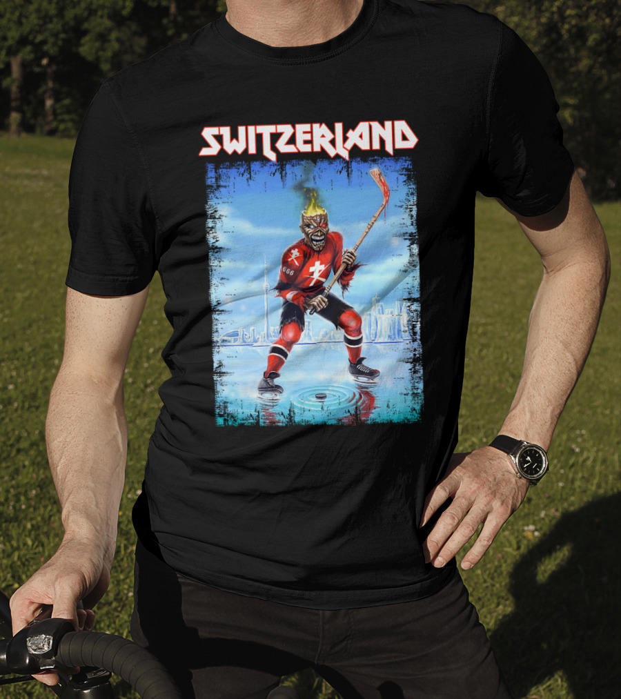 Switzerland Ice Hockey Skeleton With Flaming Head And Hockey Stick 666 Red Uniform Urban Ice Rink T-Shirt