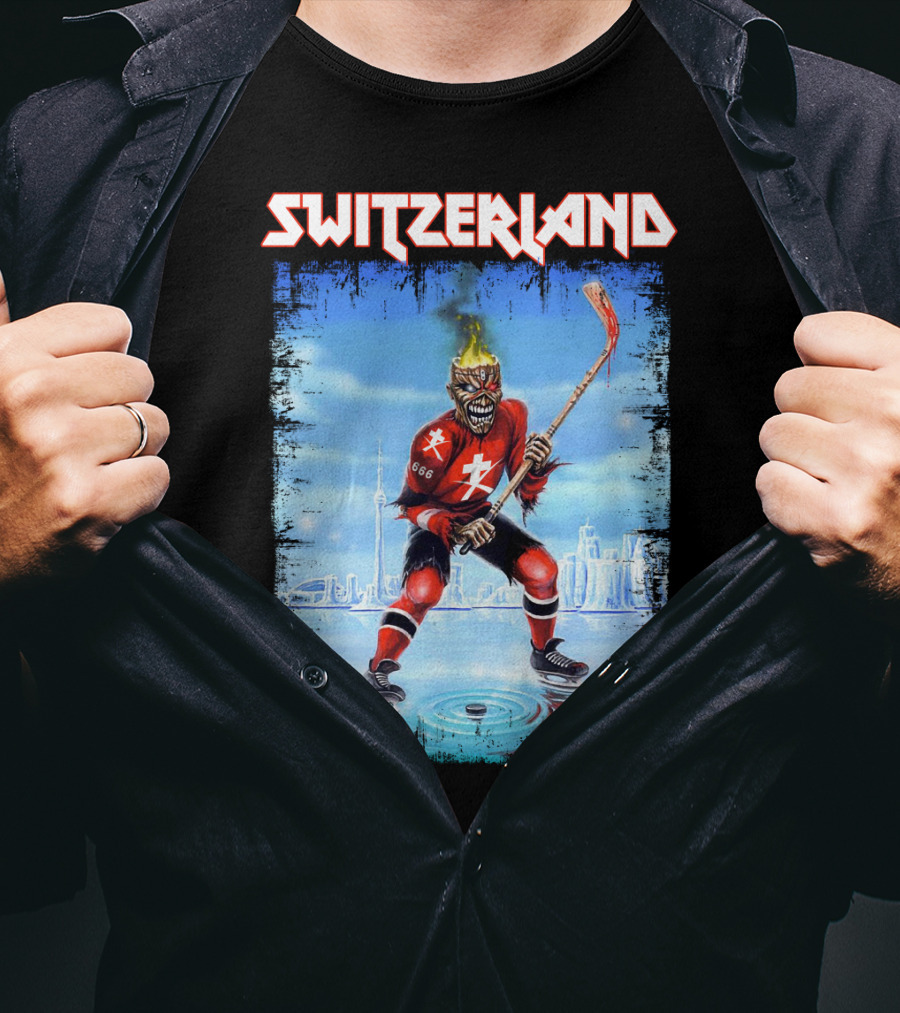 Switzerland Ice Hockey Skeleton With Flaming Head And Hockey Stick 666 Red Uniform Urban Ice Rink T-Shirt