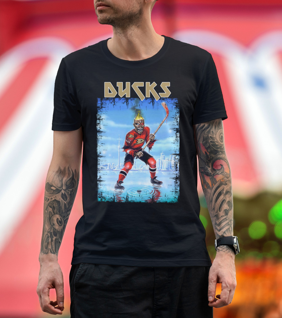 Ducks Hockey Player With Skeleton Face And Flaming Hair In Red Jersey T-Shirt