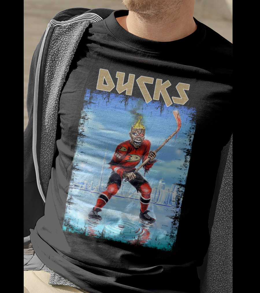 Ducks Hockey Player With Skeleton Face And Flaming Hair In Red Jersey T-Shirt