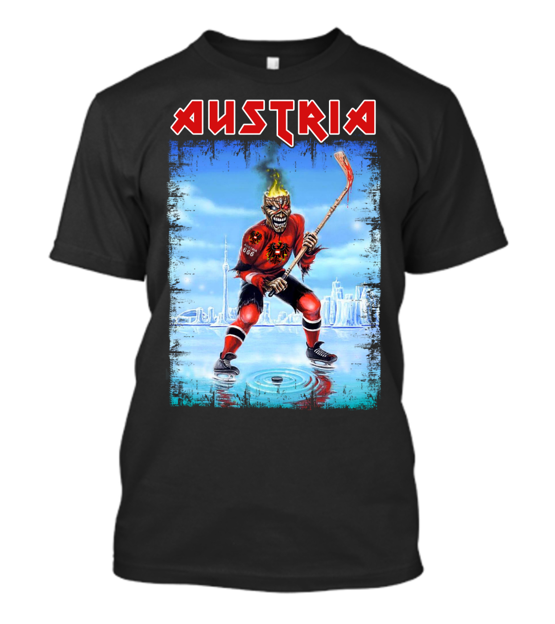 Austria Hockey Skeleton With Red And Black Flames And Vienna Skyline T-Shirt