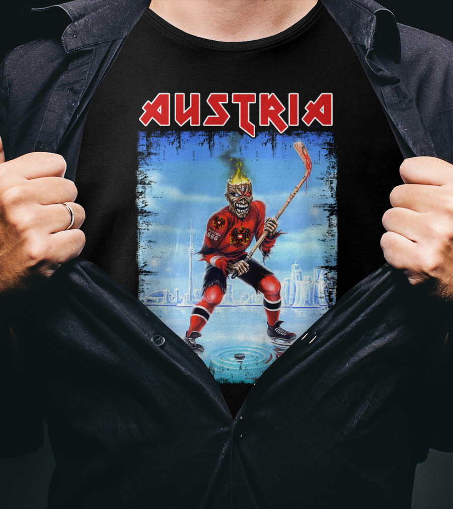 Austria Hockey Skeleton With Red And Black Flames And Vienna Skyline T-Shirt