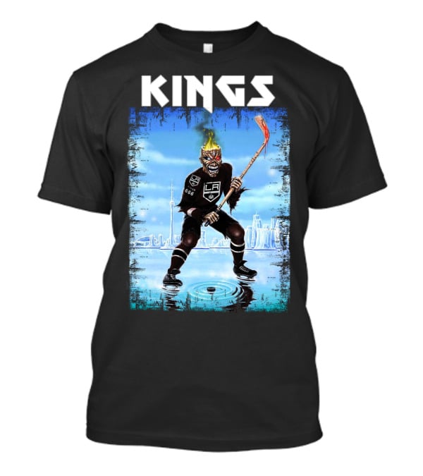 Kings Los Angeles Hockey Fiery Skull Player Ice Skating Scene T-Shirt