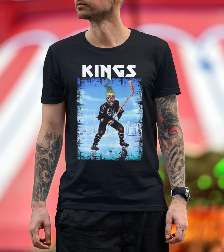 Kings Los Angeles Hockey Fiery Skull Player Ice Skating Scene T-Shirt