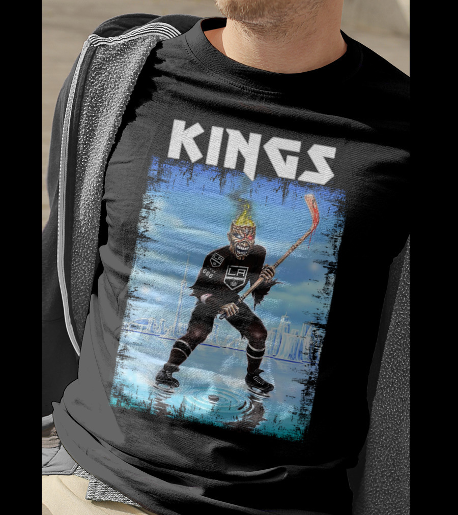 Kings Los Angeles Hockey Fiery Skull Player Ice Skating Scene T-Shirt