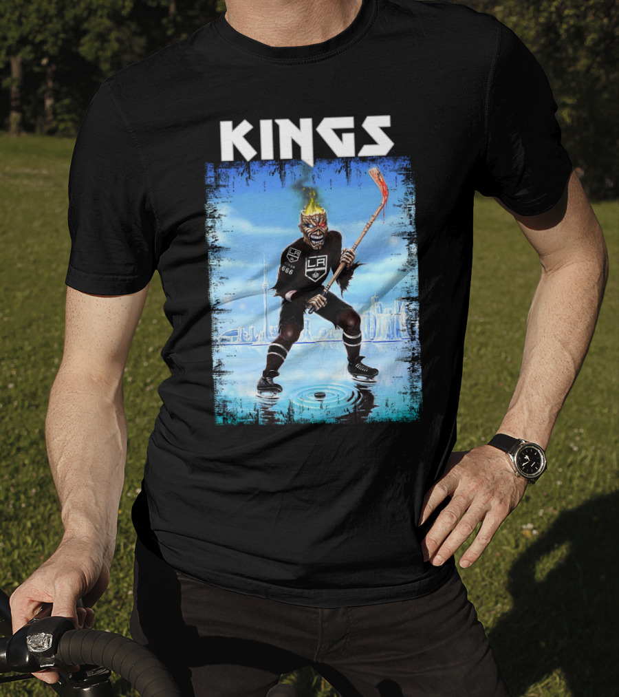 Kings Los Angeles Hockey Fiery Skull Player Ice Skating Scene T-Shirt