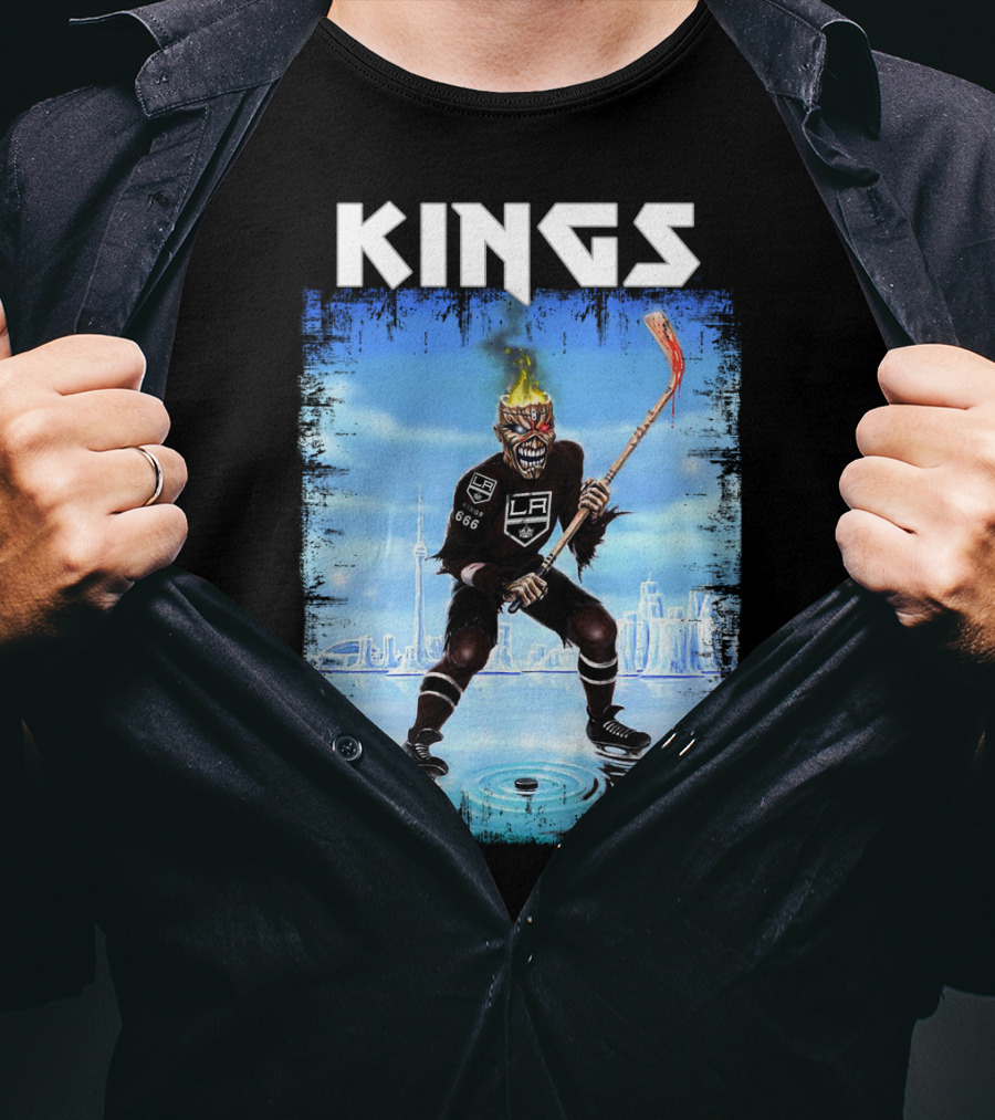 Kings Los Angeles Hockey Fiery Skull Player Ice Skating Scene T-Shirt