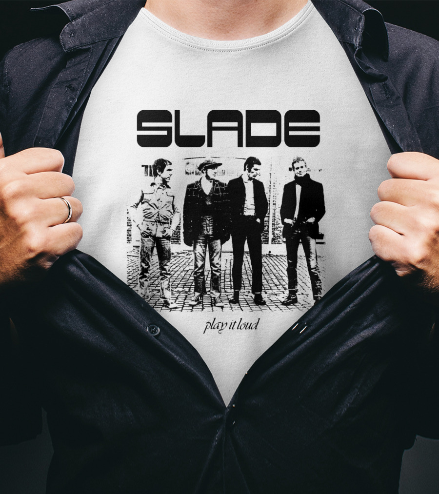 Slade Play It Loud Band Members Black And White Group Photo T-Shirt