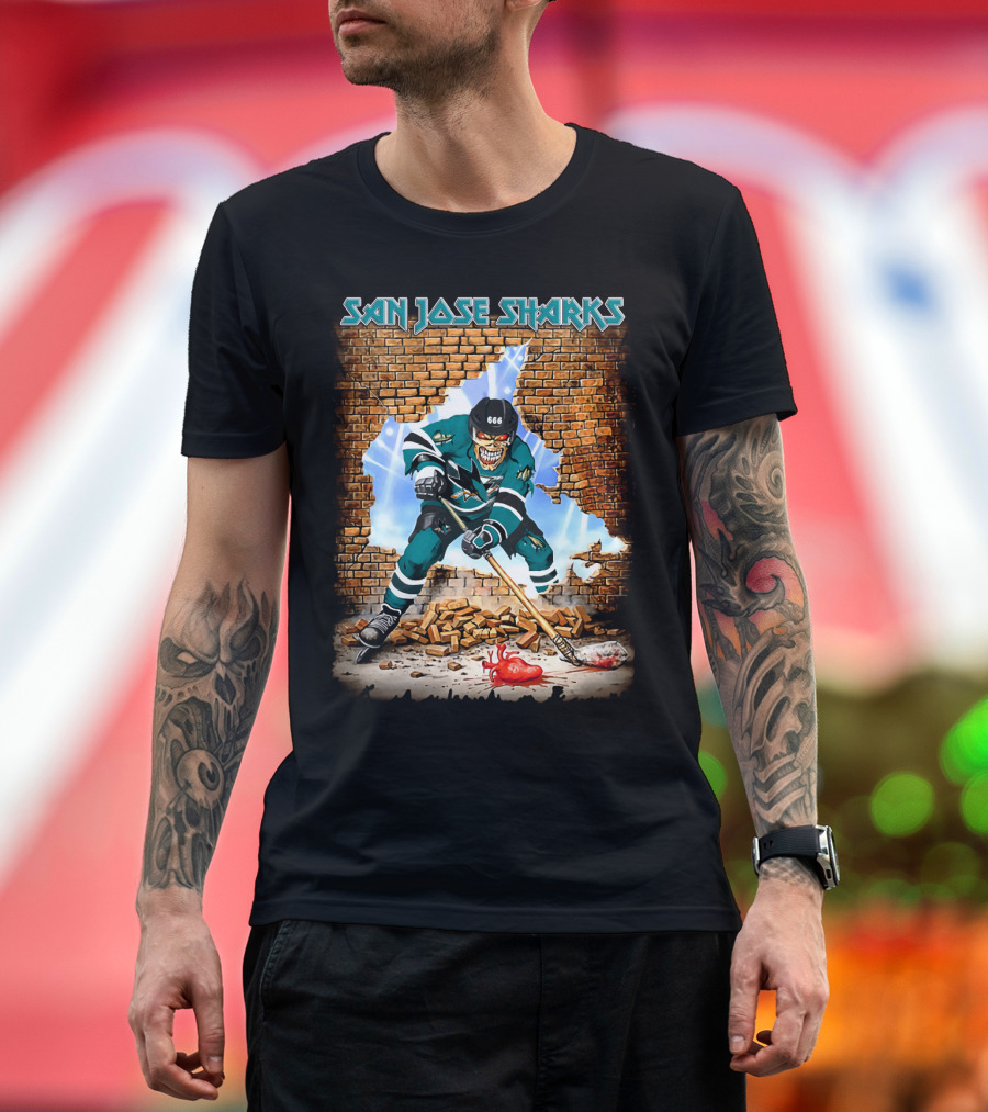 San Jose Sharks Skeleton Hockey Player Breaking Brick Wall T-Shirt