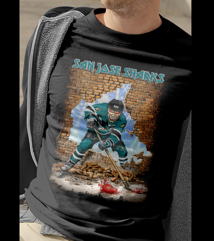 San Jose Sharks Skeleton Hockey Player Breaking Brick Wall T-Shirt