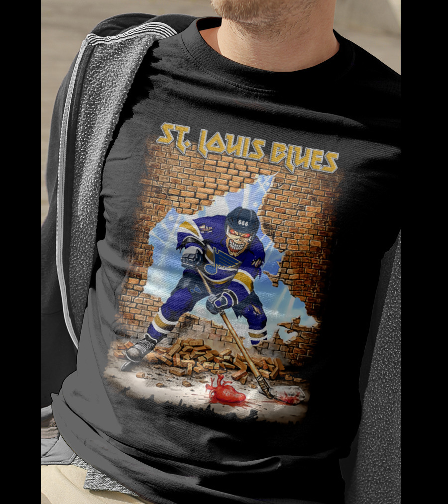 St. Louis Blues Hockey Skeleton Breaking Brick Wall T-Shirt
