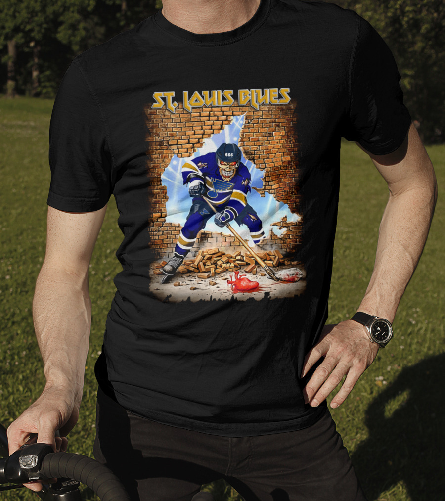 St. Louis Blues Hockey Skeleton Breaking Brick Wall T-Shirt