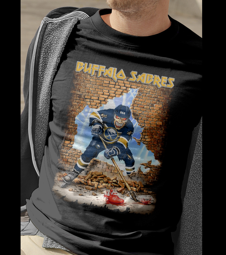 Buffalo Sabres Hockey Skeleton Breaking Wall With Puck And Heart T-Shirt