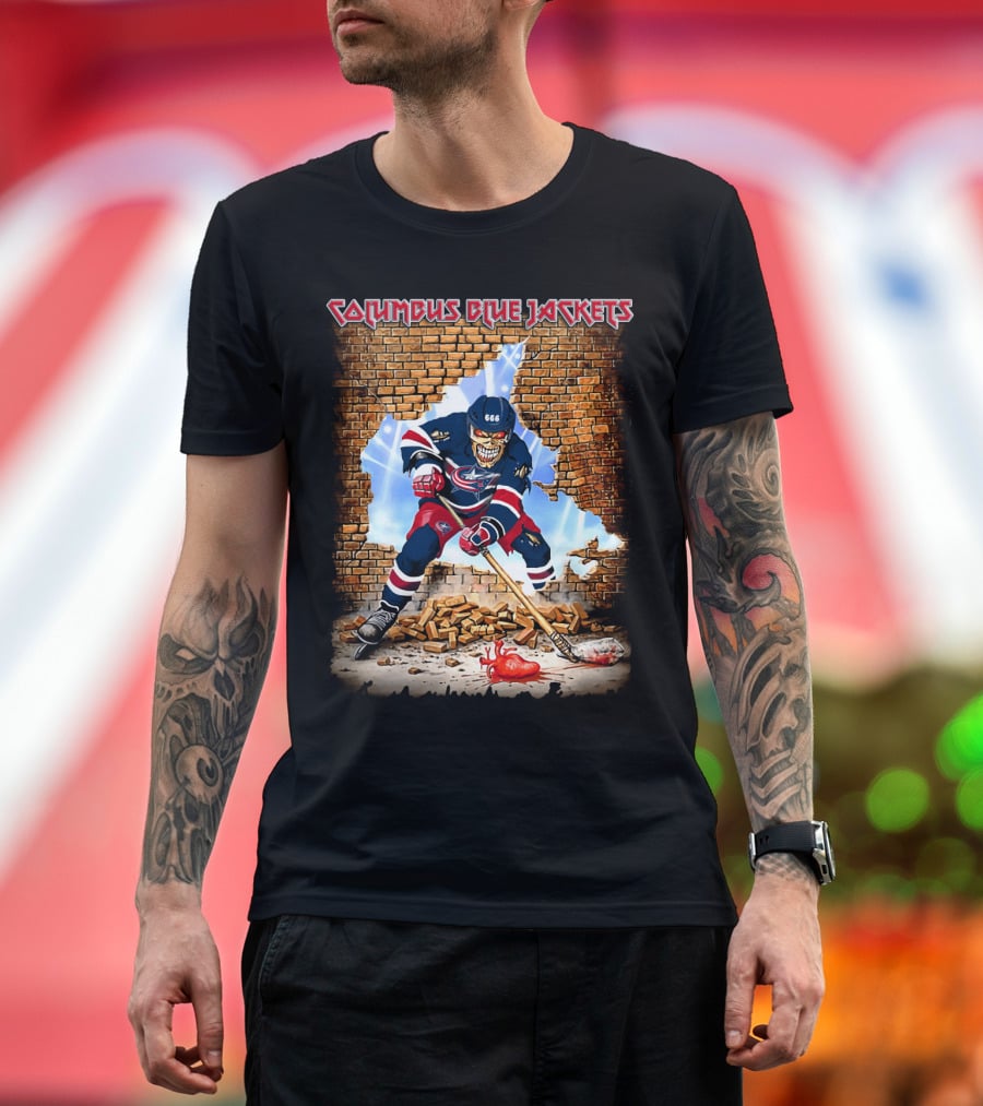 Columbus Blue Jackets Breaking Through Hockey Skeleton T-Shirt