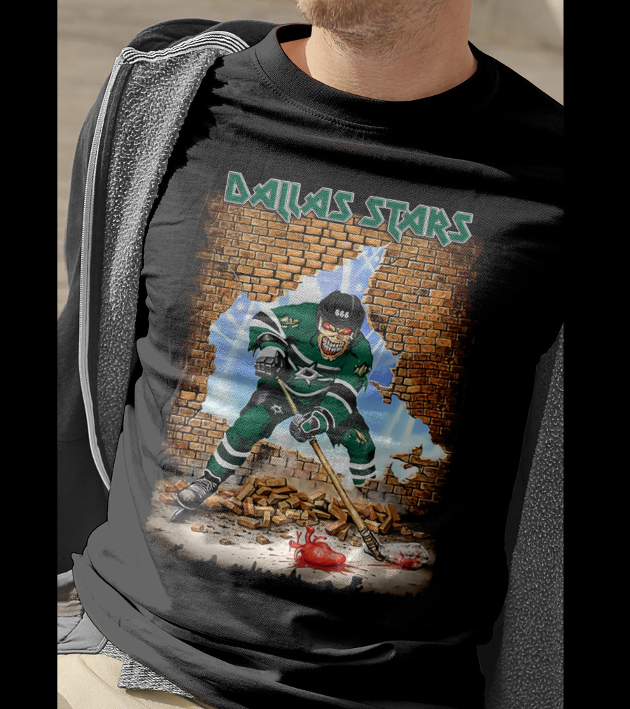 Dallas Stars Hockey Player Breaking Through Brick Wall With Skull Face And Hockey Stick T-Shirt