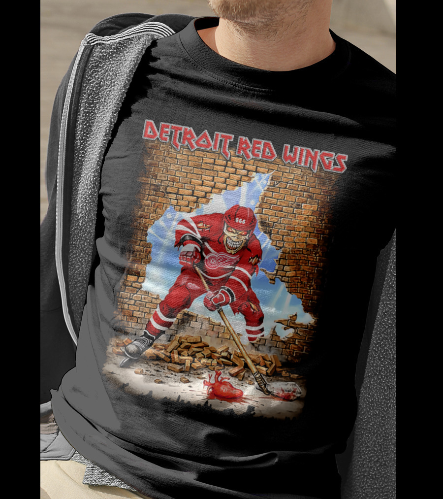 Detroit Red Wings Hockey Skeleton Brick Wall Breakthrough T-Shirt