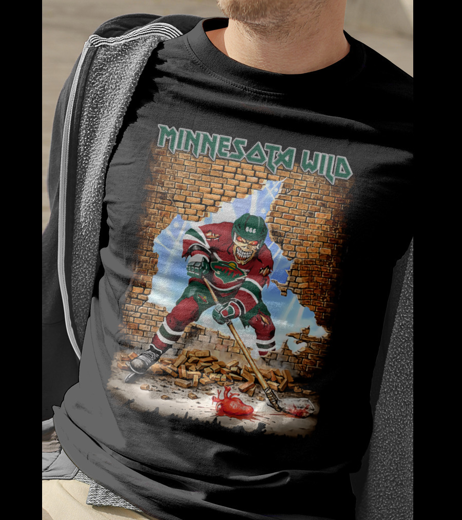Minnesota Wild Hockey Player Breaking Through Brick Wall With Heart And Puck T-Shirt