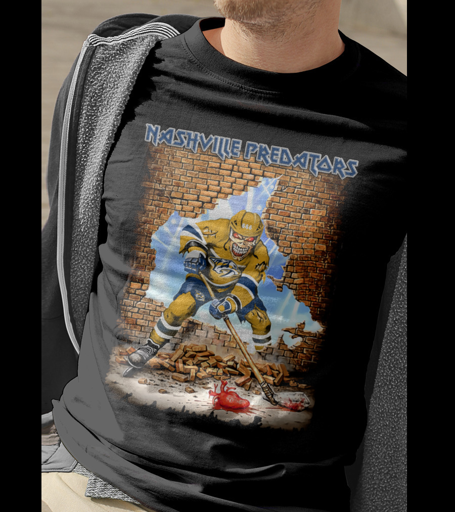 Nashville Predators Hockey Player Smashing Through Brick Wall With Heart And Lightning T-Shirt