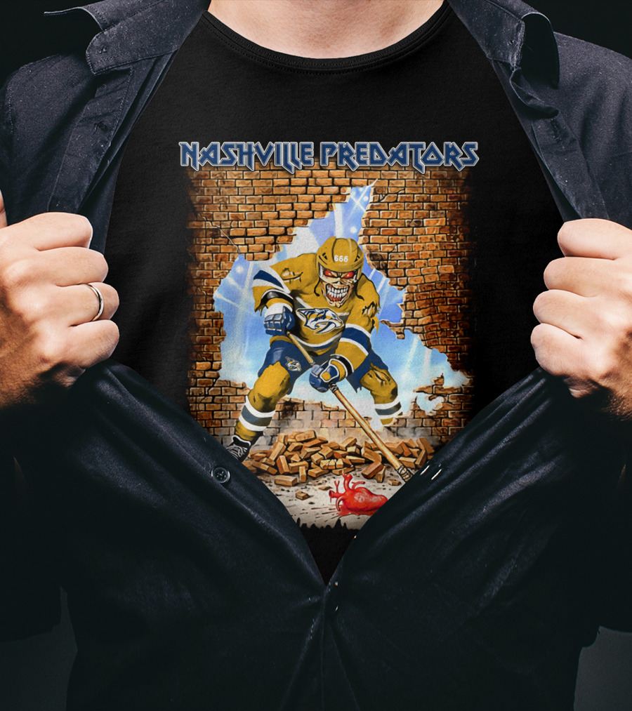 Nashville Predators Hockey Player Smashing Through Brick Wall With Heart And Lightning T-Shirt
