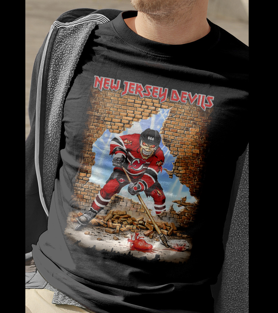 New Jersey Devils Hockey Skeleton Breaking Through Brick Wall T-Shirt