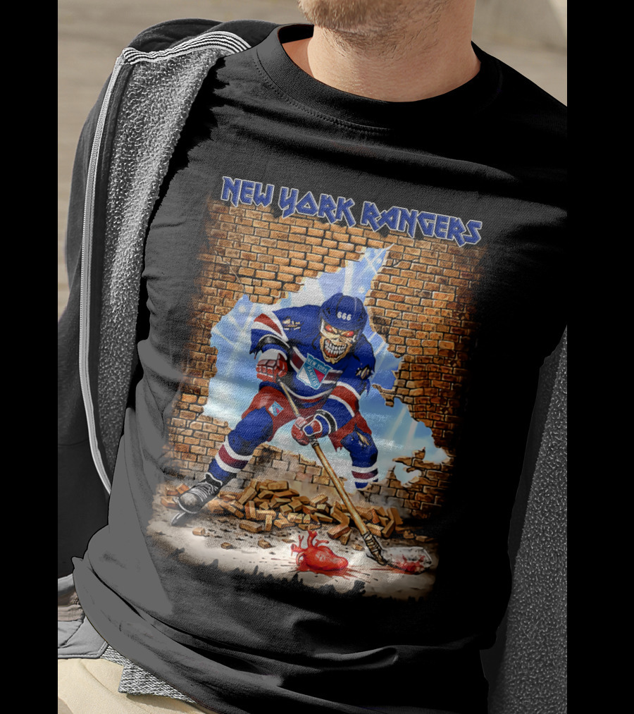 New York Rangers Hockey Skeleton Breaking Through Wall T-Shirt
