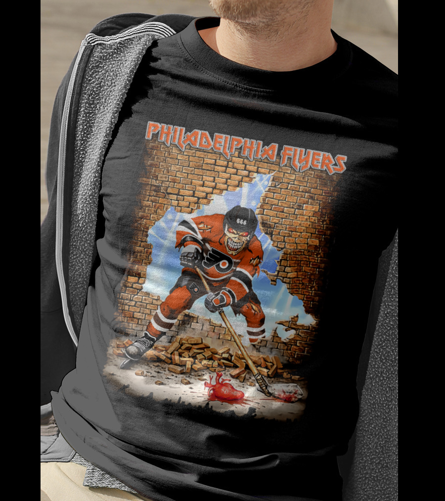 Philadelphia Flyers Skeleton Hockey Player Breaking Wall T-Shirt