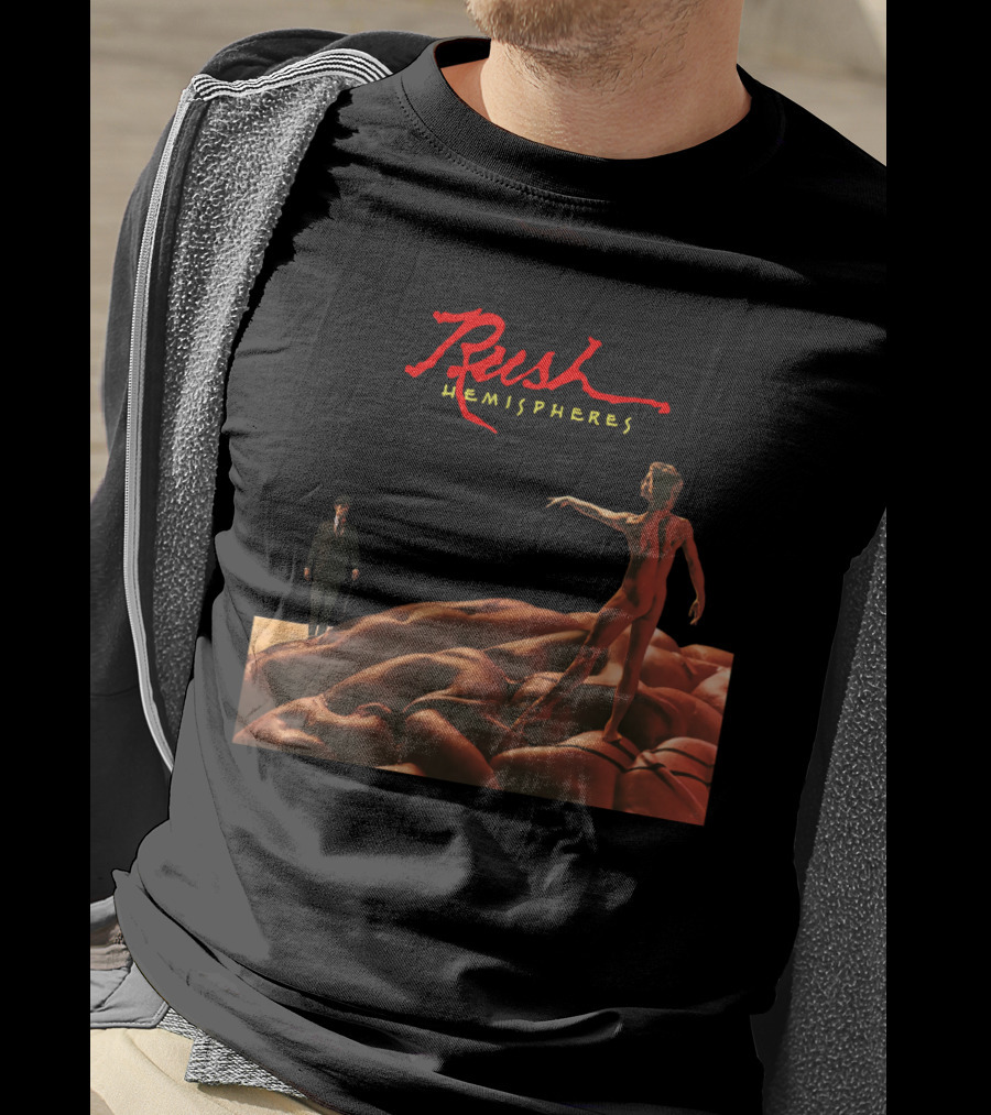 Rush Hemispheres Red Text Nude Figure On Brain With Man In Black Suit T-Shirt