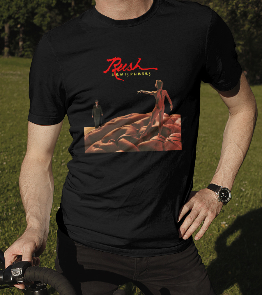 Rush Hemispheres Red Text Nude Figure On Brain With Man In Black Suit T-Shirt
