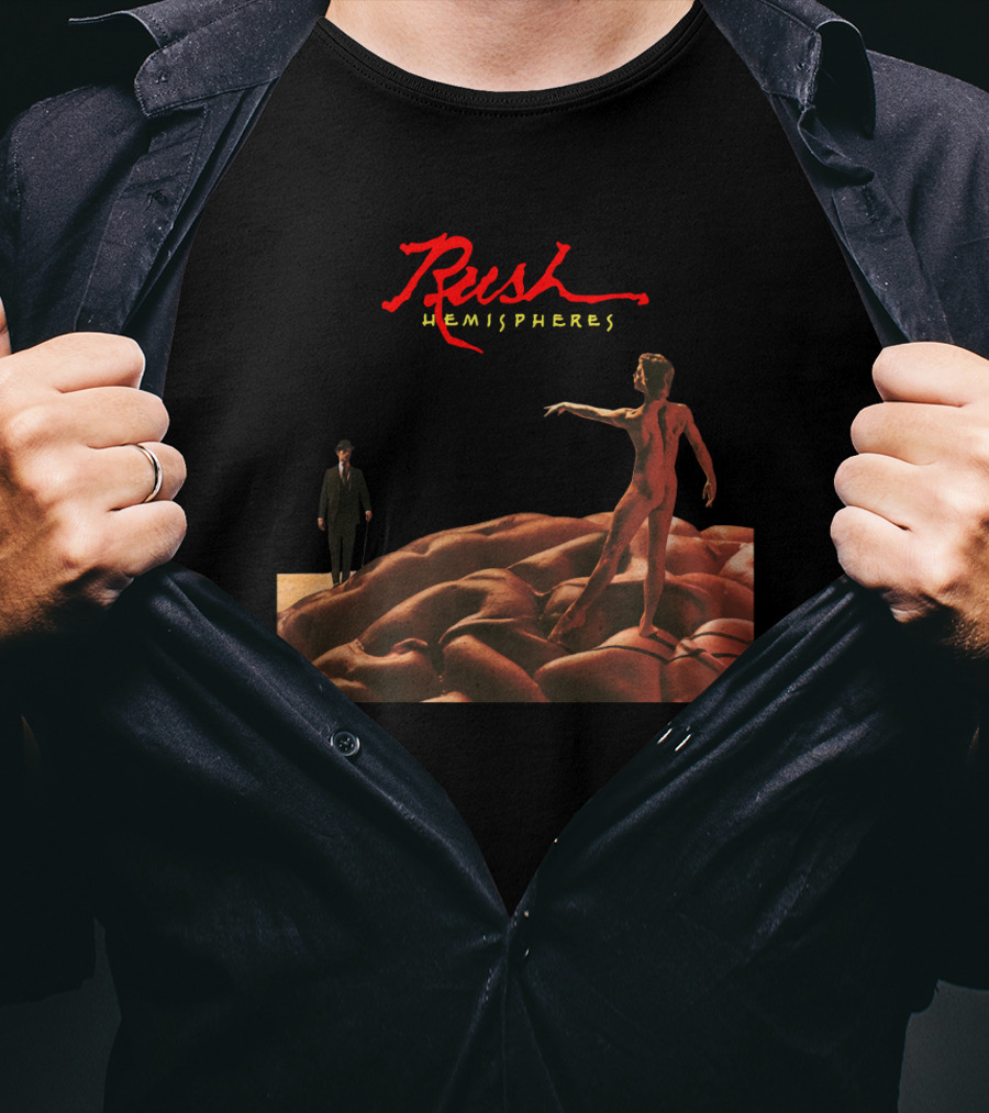 Rush Hemispheres Red Text Nude Figure On Brain With Man In Black Suit T-Shirt