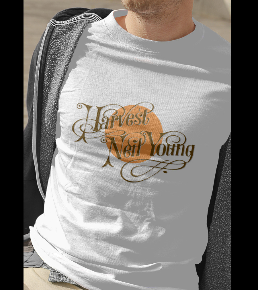 Neil Young Harvest Vintage Script Text With Orange Circle T-Shirt