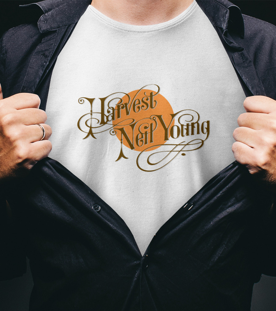 Neil Young Harvest Vintage Script Text With Orange Circle T-Shirt