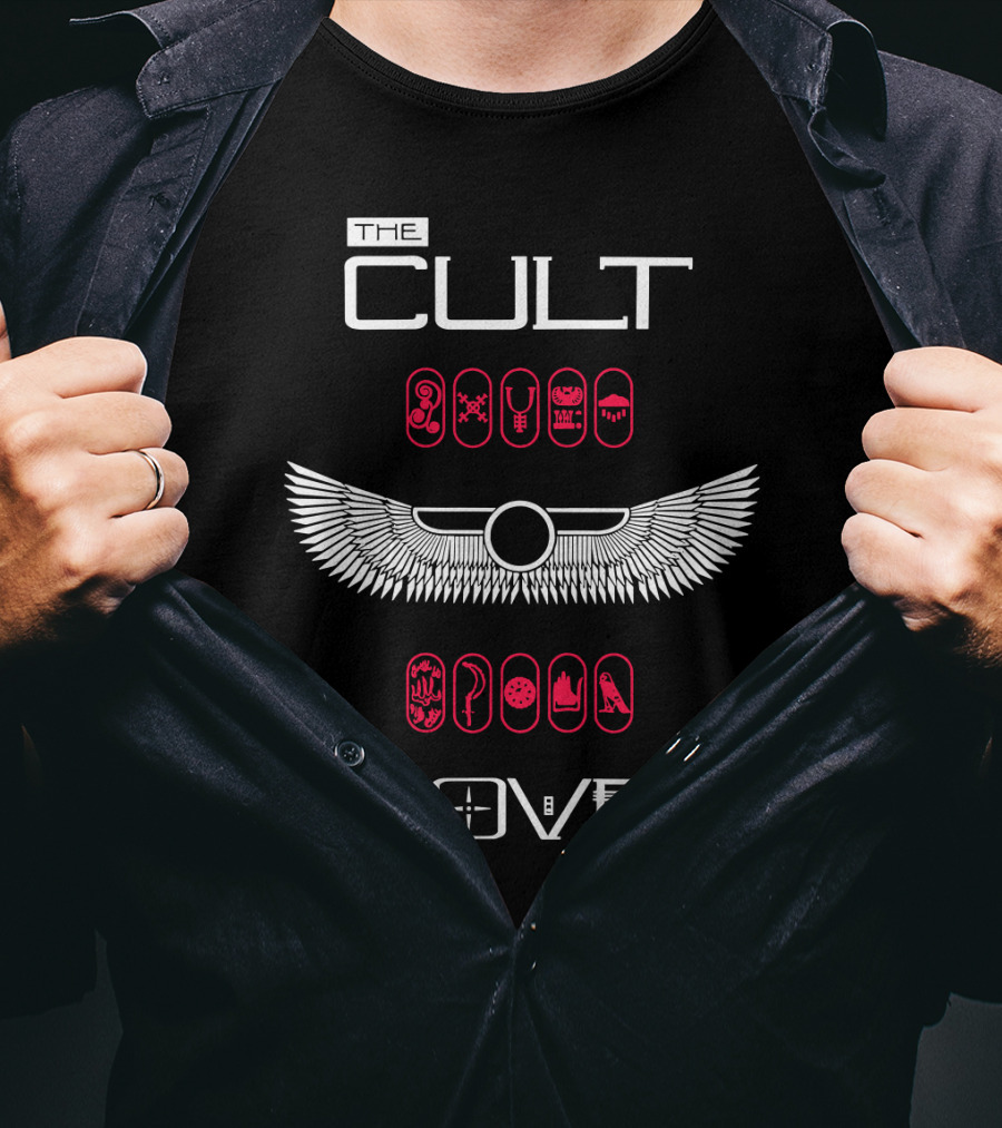 The Cult Love Album Egyptian Winged Symbols With Hieroglyphs Red And White T-Shirt