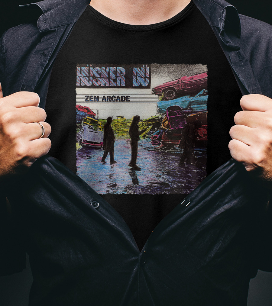 Husker Du Zen Arcade Album Cover With Silhouetted Figures And Junkyard Scene T-Shirt