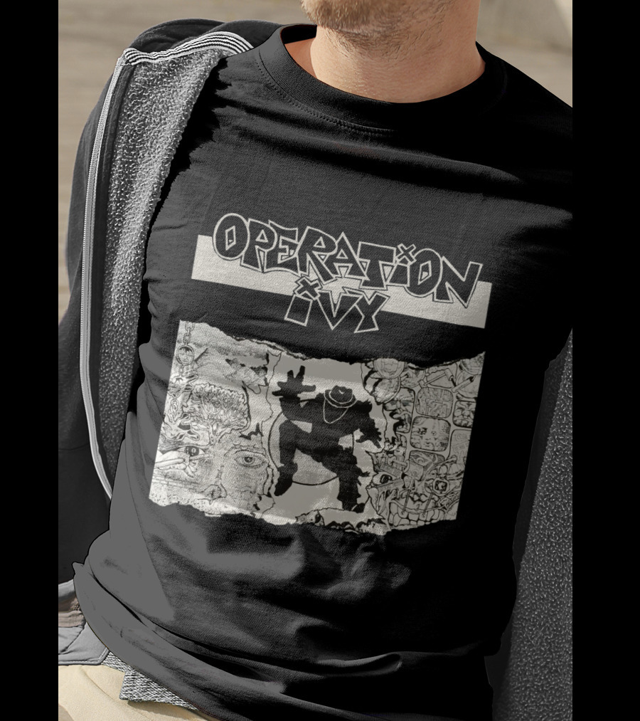 Operation Ivy Energy Album Cover Black And White Silhouetted Figure And Doodle Art T-Shirt