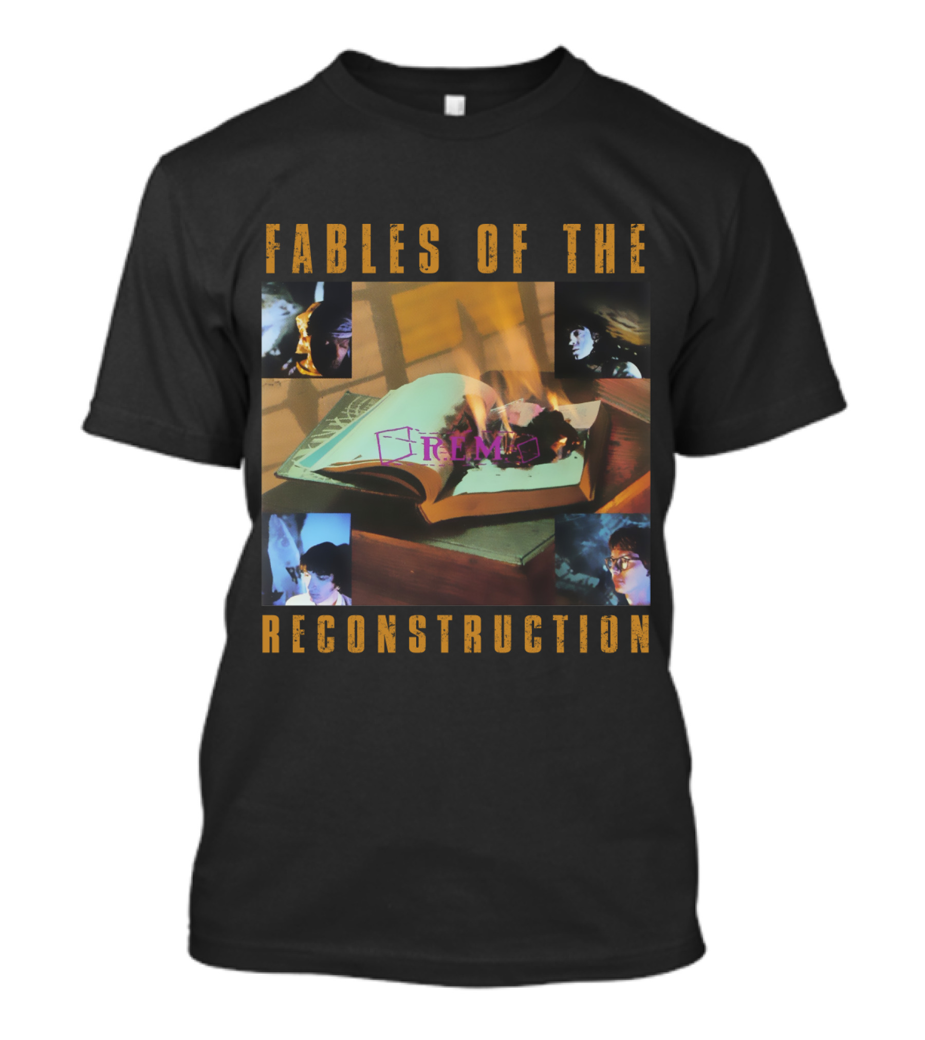 Fables Of The Reconstruction R.e.m Open Book With Burning Pages And Portraits T-Shirt