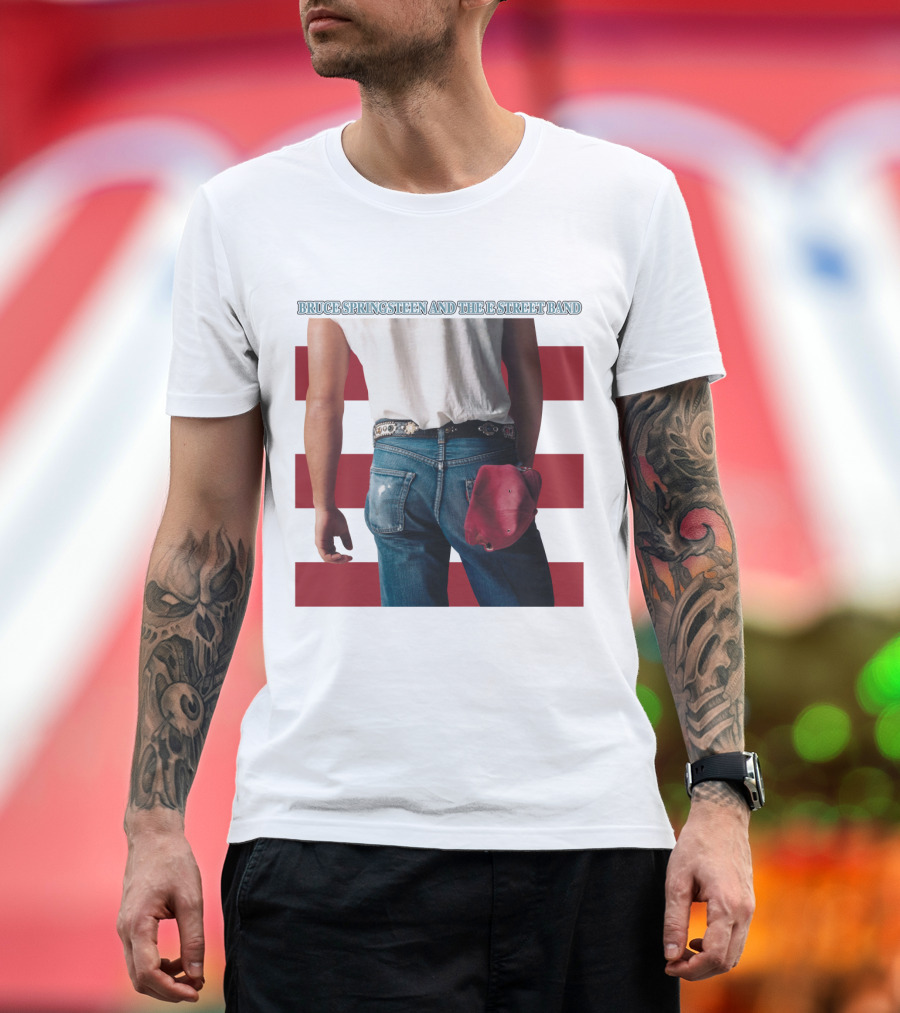 Bruce Springsteen and The E Street Band Born in the U.S.A. Denim Red Cap Stripes Iconic Album Cover T-Shirt