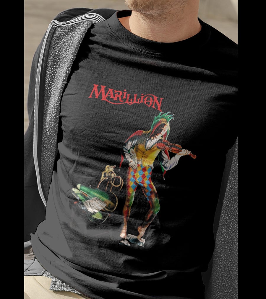 Marillion Script For A Jester's Tear Violin Playing Jester With Sheet Music And Harlequin Colors T-Shirt