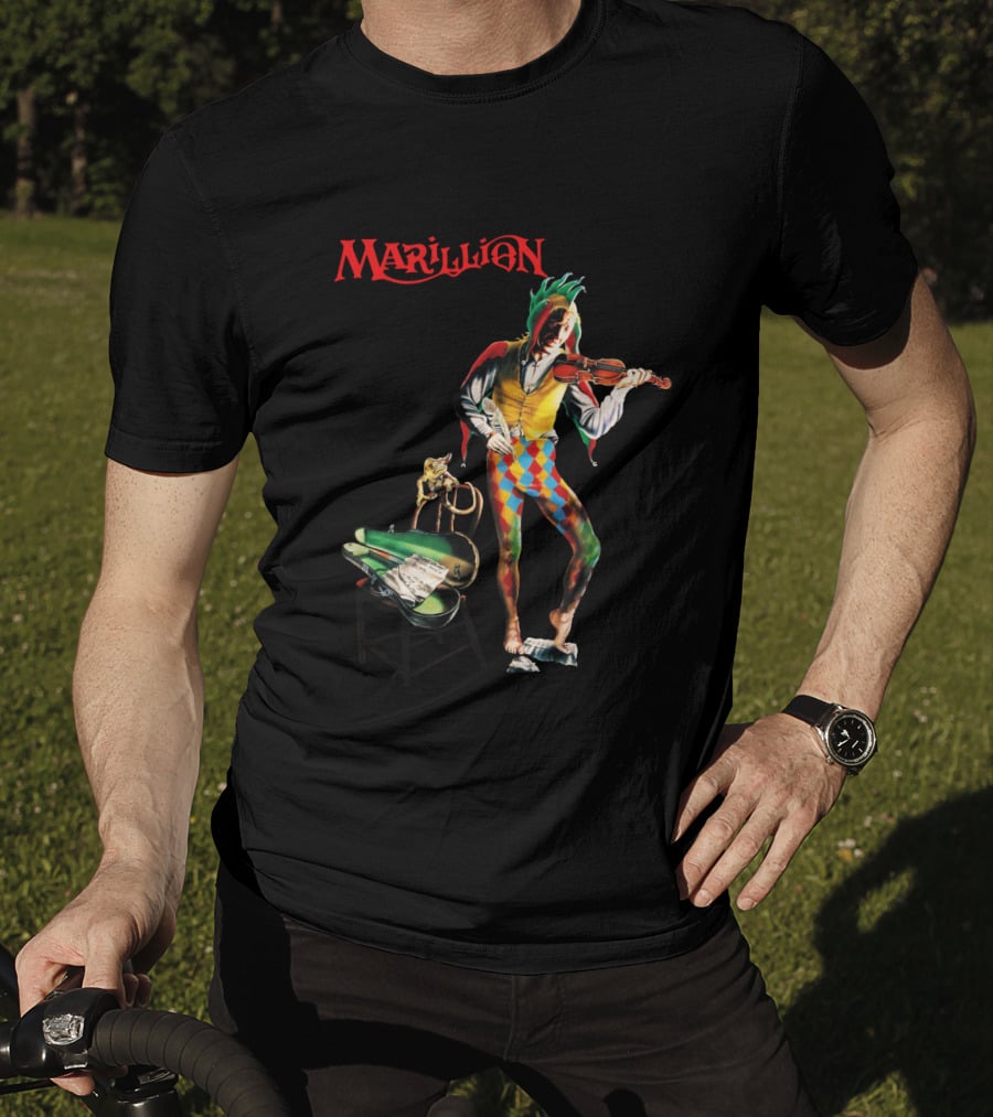 Marillion Script For A Jester's Tear Violin Playing Jester With Sheet Music And Harlequin Colors T-Shirt