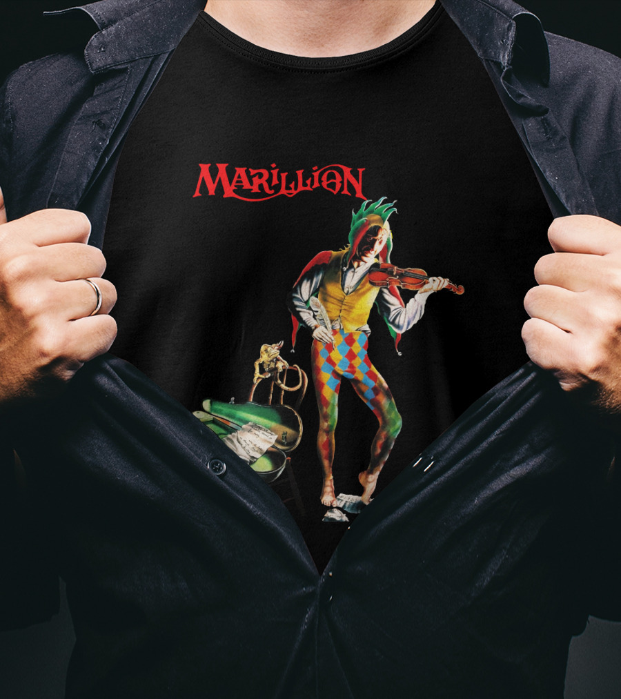 Marillion Script For A Jester's Tear Violin Playing Jester With Sheet Music And Harlequin Colors T-Shirt