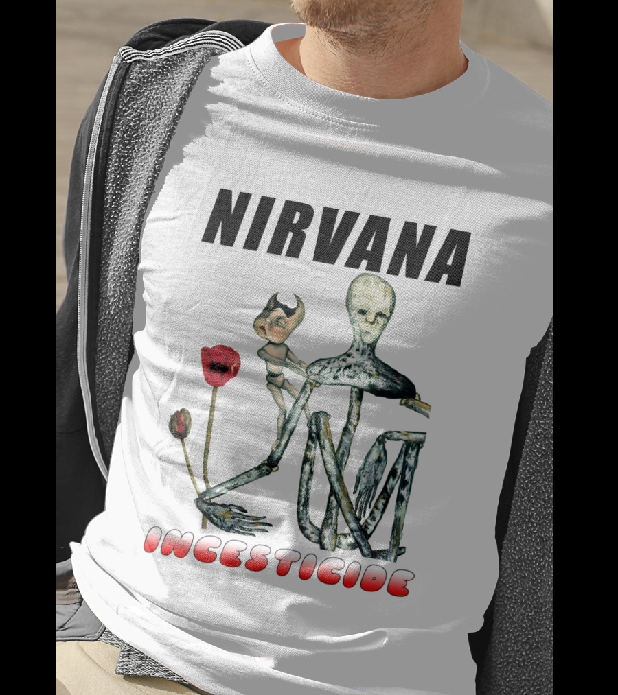 Nirvana Incesticide Album Cover Art With Surreal Skeleton Figure And Red Flowers T-Shirt