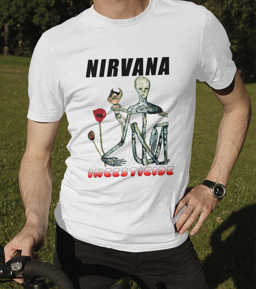 Nirvana Incesticide Album Cover Art With Surreal Skeleton Figure And Red Flowers T-Shirt